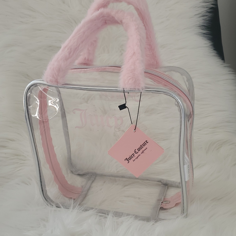 Juicy Couture Large Clear Vinyl Cosmetic Bag with Pink Furry Handles